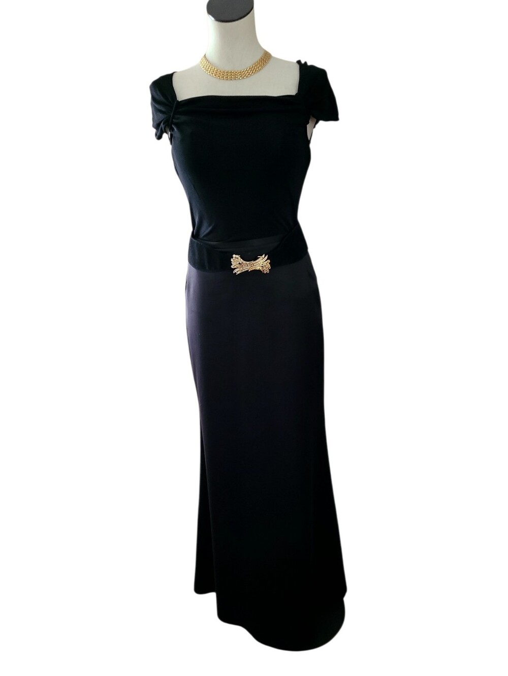 JS Collections Black Satin Maxi Skirt w/ Godet at Back